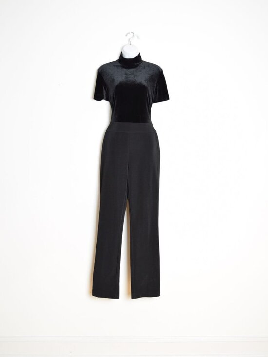 vintage 90s jumpsuit black velvet knit short slv funnel neck pantsuit romper M - Picture 1 of 8